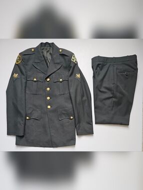 Vintage US Army 37R Men's Coat w/ Patches Poly/Wool Green 344 & Pants 30R